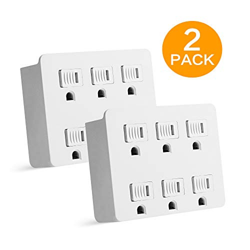Oviitech 6 Outlet Wall Tap Adapter,Plug Extender Splitter  With Sliding Safety Covers,  125V/15A, White ETL Listed (2 PACK)