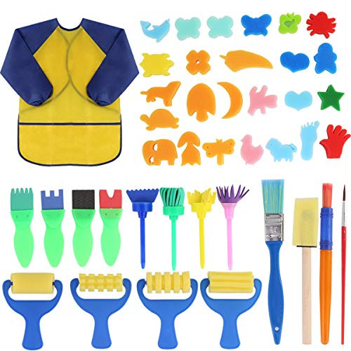 Early Learning Kids Paint Set,42pcs Sponge Painting Brushes Kit Sponge Drawing Paint Tools for Toddler with Painting Smock Apron Early Learning Kids Paint Set,42pcs Sponge Painting Brushes Kit Sponge Drawing Paint Tools for Toddler with Painting Smock Apron