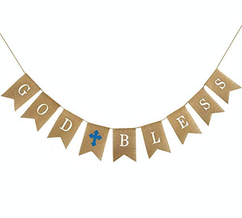 OZXCHIXU TM GOD BLESS with Blue Cross Baptism Burlap Banner, Baby Shower,First Communion,Garlands Christmas Wedding Party Christening Decoration