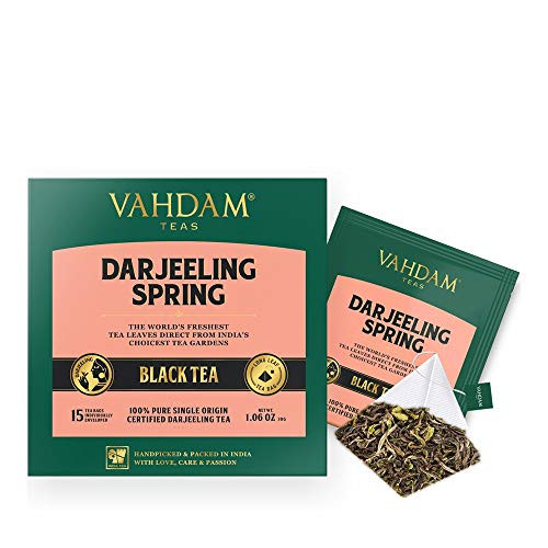 VAHDAM, Exotic Darjeeling First Flush Tea Leaves,15 Tea Bag (PACK OF 2), Long Leaf Pyramid Darjeeling Tea Bags, Aromatic & Flowery, 100% Pure Unblended First Flush Darjeeling Tea, Packed in India VAHDAM, Exotic Darjeeling First Flush Tea Leaves,15 Tea Bag (PACK OF 2), Long Leaf Pyramid Darjeeling Tea Bags, Aromatic & Flowery, 100% Pure Unblended First Flush Darjeeling Tea, Packed in India