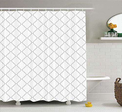 Simple Monochrome Patterns Geometric Linked Forms on Plain Background, Grey Decor Polyester Fabric Shower Curtains Bathroom, 72x72 Inches Extra Long, White Gray