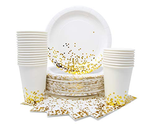 Party Chic Gold Dot Disposable Paper Plates Cups and Napkins Set for 50; Gold Foil 50 Dinner Plates 50 10 oz Cups and 50 Dinner Napkins for Party Wedding Holiday Anniversary Birthday Bachelor Shower
