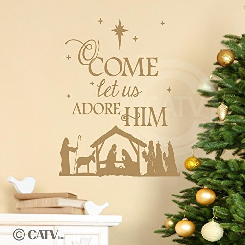 (Nativity) O Come Let Us Adore Him wall saying vinyl lettering decal home decor art quote sticker (Gold, 16x21)