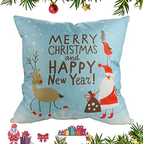 Luxbon Merry Christmas Pillow Case Santa Claus Reindeer Snowman Snowflake Christmas Tree Xmas Couch Sofa Cushion Cover Cotton Linen Happy New Year Home Decor Throw Pillow Cover 18 x 18''