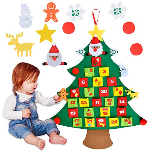 Coxeer Felt Christmas Advent Calendar, Xmas Felt Advent Calendar with Pocket 24 Days Countdown Calendar DIY Xmas Wall Hanging Tree Calendars with 10 PCS Ornaments Gift for Kids Christmas Decorations