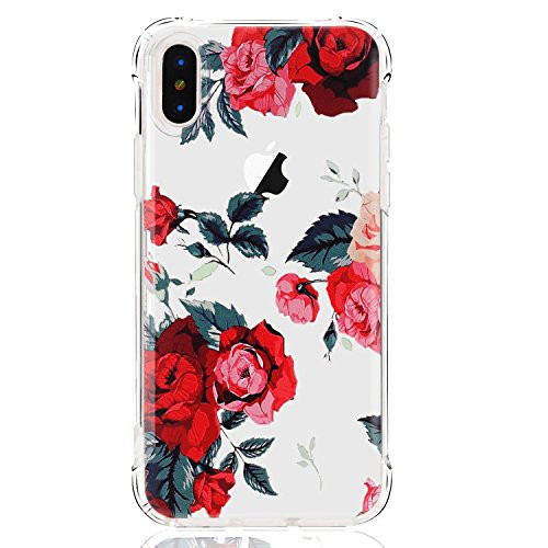 luolnh Compatible with iPhone Xs Max Case,iPhone Xs Max Case with Flower,Slim Shockproof Clear Floral Pattern Soft Flexible TPU Back Cover for iPhone Xs Max 6.5 inch (2018)-Red Rose