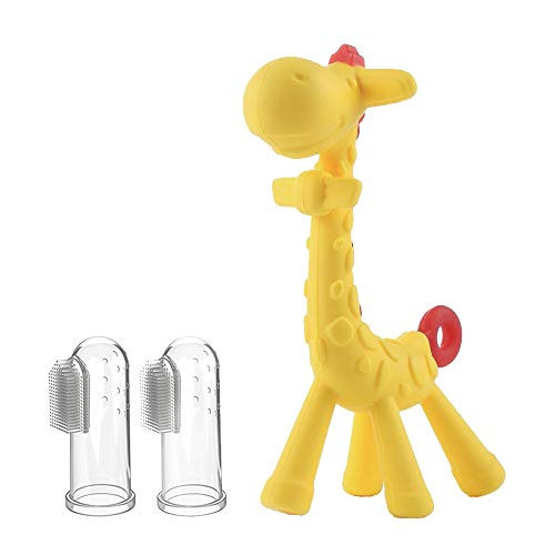 Baby Teether with Finger Toothbrush - 3 in Pack - 1x Silicone Infant Training Giraffe Teether Toy + 2X Finger Toothbrushes with Storage Case