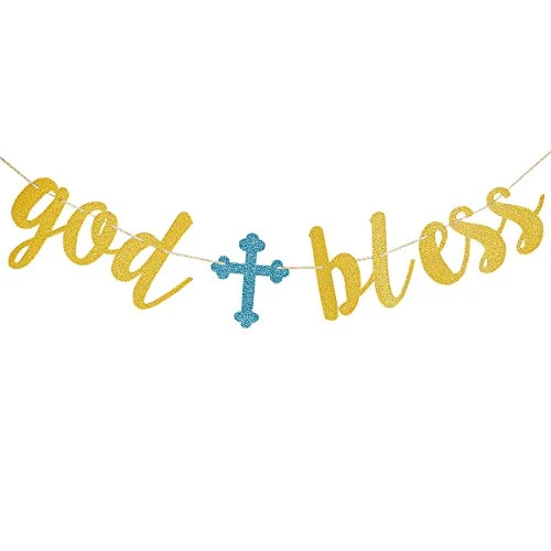 God Bless Baptism Gold Glitter Banner- Communion Party Banner,Christening Decoration Kit for First Communion,Wedding,Baby Shower Party (Blue)