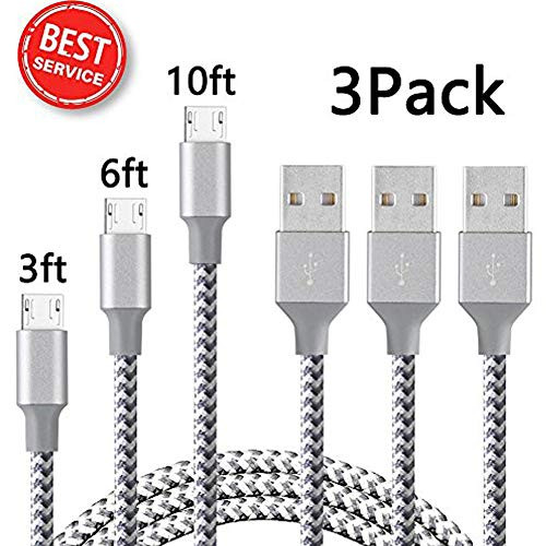 ONLINER Micro USB Cable,3Pack 3FT/6FT/10FT Long Nylon Braided Android Charger USB Fast Charging Cable for Samsung, Kindle, HTC, Nexus, LG, Sony, Nokia, Motorola and More(Grey White