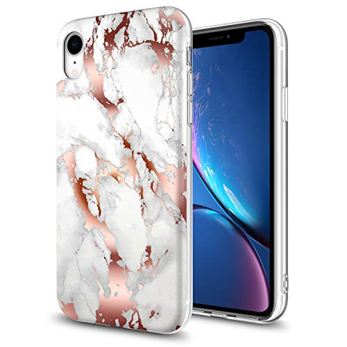 GORGCASE iPhone XR 2018 Case with Screen Protector,Slim Anti-Scratch Thin PC Armor Shockproof Cute Sparkle Girls Women Protective Cover for Apple iPhone XR 6.1 INCH Marble Rose Gold White
