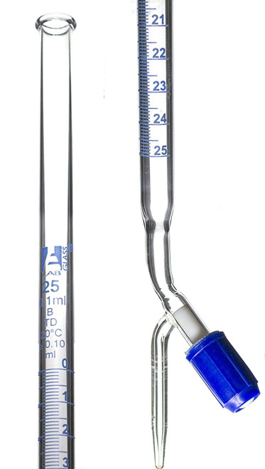 Class B 25mL Borosilicate Burette - 0.1mL Graduations - 0.1mL Tolerance - PTFE (No Lube) Stopcock - 22.5' Tall