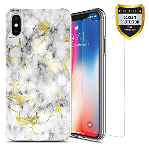 GORGCASE iPhone Xs CASE 5.8 INCH (2018), iPhone X 2017 with Screen Protector, Slim Anti-Scratch Design TPU Armor Shockproof Cute Girls Women Protective Cover for Apple iPhone Xs Marble White