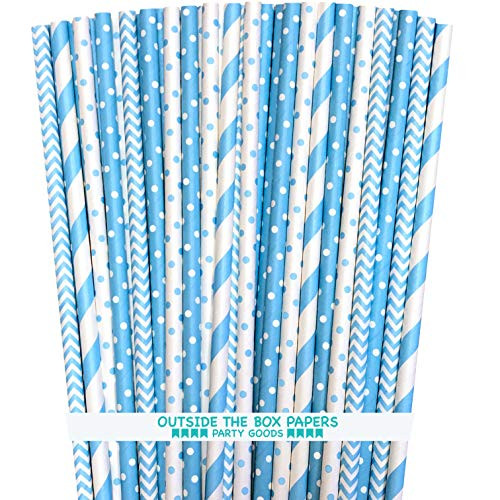 Outside the Box Papers Light Blue Stripe, Polka Dot Chevron Paper Straws 7.75 Inches 100 Pack Light Blue, White