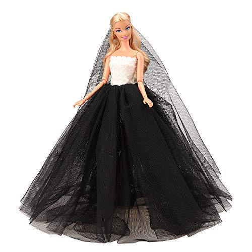 BARWA Beige Wedding Dress with Veil Evening Party Princess Beige Gown Dress for Barbie Doll  (Black 2)