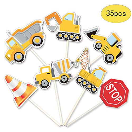 35-Pack Construction Cupcake Toppers Picks, Dump Truck Excavator Tractor Party Cake Toppers for Kids Birthday Baby Shower Party Decorations Supplies.