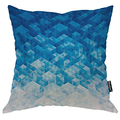 Moslion Blue Pillow Case Gradient Blue Geometric Triangle Diamond Cube Mosaic Throw Pillow Cover 18x18 Inch Cotton Linen Decorative Square Cushion Cover Sofa Bed