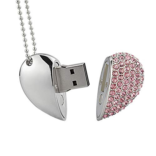 RAOYI 32GB USB 2.0 Flash Drive Crystal Heart Shape USB Stick Jewelry Pendant Necklace Thumb Drive Memory Stick Pendrive Pink