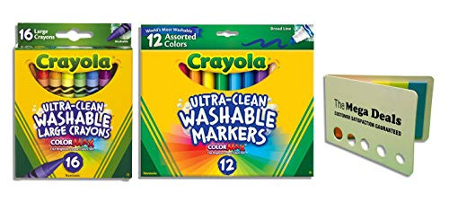 Crayola Large Ultra-Clean Washable Crayons 16 Ct | Crayola 12 Ct Ultra-Clean Washable Markers | Includes 5 Color Flag Set