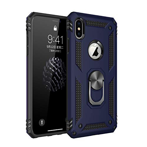 iPhone Xs Max,DAMONDY Armor Dual Layer Ring Kickstand Shockproof 360 Degree Rotating Ring Drop Protection Shock Absorption Compatible Magnetic Car Mount case Holder for iPhone Xs Max 6.5-Blue
