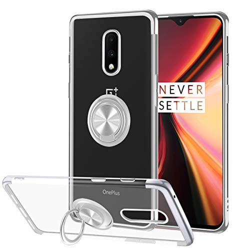 Ownest Compatible with Oneplus 7 Case with Built-in 360 Rotatable Ring Kickstand Fit Magnetic Car Mount and Clear Soft Slim TPU Protective for Oneplus 7 One Plus 7(6.41 inch)-Silver