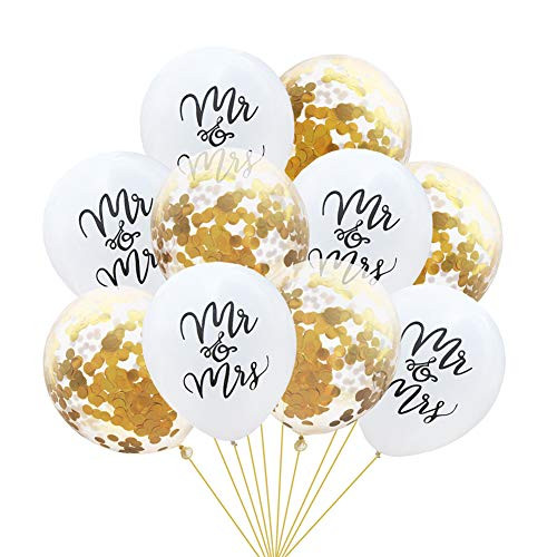 12 Inch Mr&Mrs Confetti Balloons, Kicpot 10 Pcs Balloons - 5pcs White10inch Latex Mr&Mrs Balloons + 5pcs 12 inch Gold Confetti Balloons for Wedding Party Supplies
