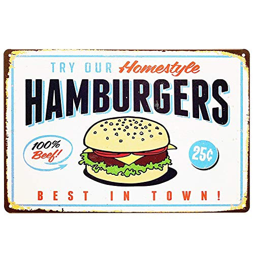 UNIQUELOVER Retro Tin Signs Food, Hamburgers Best in Town Vintage Retro Kitchen Metal Sign Wall Home Decor 12" x 8"/30 x 20cm