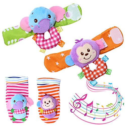 ThinkMax Wrist Rattles for Babies, 4 Pieces Baby Wrist Rattle and Foot Rattles Finder Socks Monkey and Elephant Toys Set (Purple) ThinkMax Wrist Rattles for Babies, 4 Pieces Baby Wrist Rattle and Foot Rattles Finder Socks Monkey and Elephant Toys Set (Purple)