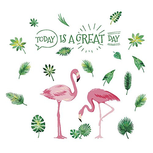 AWAKINK Pink Flamingos Green Plants Leaves Pastoral Style Wall Stickers Wall Decal Vinyl Removable Art Wall Decals for Bedroom Living Room Nursery Room Children's Bedroom