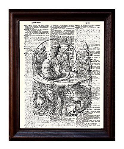 Dictionary Art Print - Alice and the Caterpillar - Printed on Recycled Vintage Dictionary Paper - 8"x11" - Mixed Media Poster on Vintage Dictionary Page
