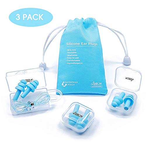 Reusable Silicone Ear Plugs - ANBOW Waterproof Hypoallergenic Noise Reduction Earplugs for Sleeping, Swimming, Snoring, Concerts, 32dB Highest NRR, 3 Pairs with Bonus Travel Pouch