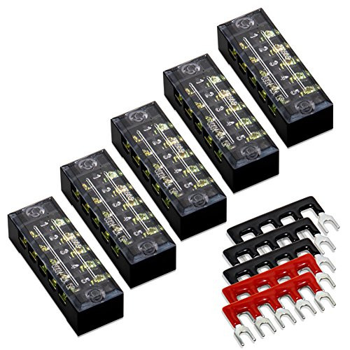 10pcs (5 Sets) 5 Positions Dual Row 600V 15A Screw Terminal Strip Blocks with Cover + 400V 15A 5 Positions Pre-Insulated Terminals Barrier Strip (Black & Red) by MILAPEAK
