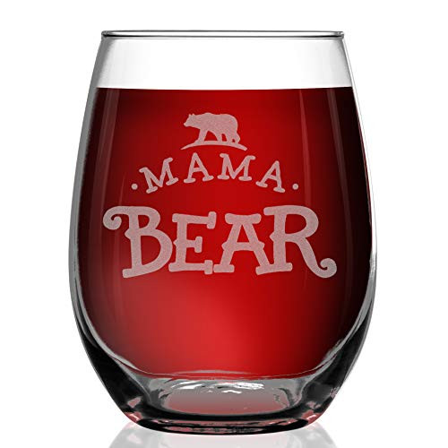 Shop4Ever Mama Bear Laser Engraved Stemless Wine Glass ~ Gift for New Mom Mother's Day Gift ~ (15 oz, Stemless)