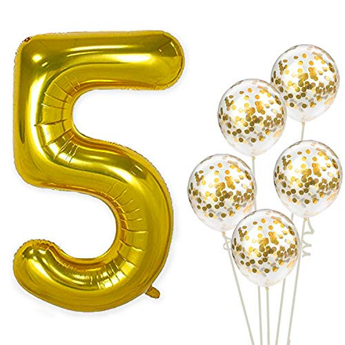 KatchOn Number 5 and Gold Confetti Balloons - Large, 40 Inch Foiil Gold Balloons | 5 Gold Confetti Balloons, 12 Inch | 5th Birthday Party Decorations | Party Supplies for Anniversary Décor