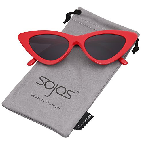 SOJOS Retro Vintage Narrow Cat Eye Sunglasses for women Clout Goggles Plactic Frame Cardi B with Red Frame/Grey Lens