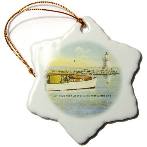 3dRose orn_61712_1 Port Clinton Lighthouse Looking Over Lake Erie (Vintage)-Snowflake Ornament, 3-Inch, Porcelain