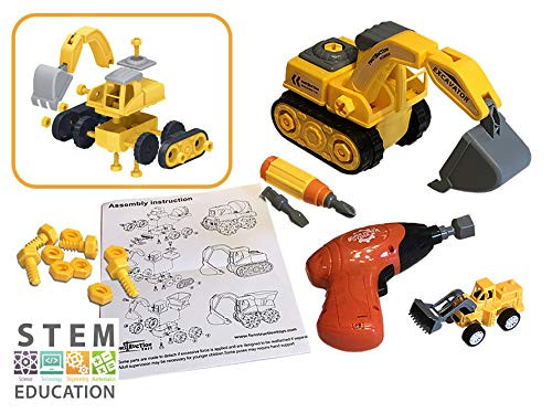 Funstruction Toys Take Apart Excavator STEM Toy for 3 4 5 Year Olds - Kids Construction Vehicles with Electric Toy Drill and Screwdriver - Best Educational Trucks for Age 3- 4-5 Year Old Boys or Girls