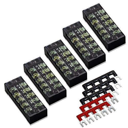 10pcs (5 Sets) 5 Positions Dual Row 600V 25A Screw Terminal Strip Blocks with Cover + 400V 25A 5 Positions Pre-Insulated Terminals Barrier Strip (Black & Red) by MILAPEAK