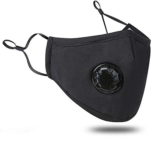 Pollution Mask with Valve Washable Dust Respirator Cotton Mouth Masks with Replaceable 5 Layer Filter for Men Women (One Mask + 2 Filters)-BLACK