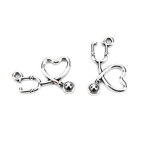Pomeat 100 Pack Antique Silver Heart Shape Stethoscope Charms Medical Charm Pendant for Bracelets Jewelry Making