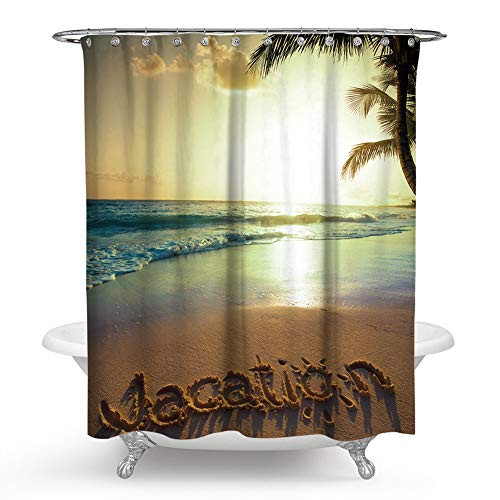 chengsan Summer Decor Shower Curtain,Coastal Beach Ocean Tropical Palm Tree Nature Scenery Sunset Retro Fabric Bath Curtain,Bathroom Accessories with Hooks (71x78 inch, 1)