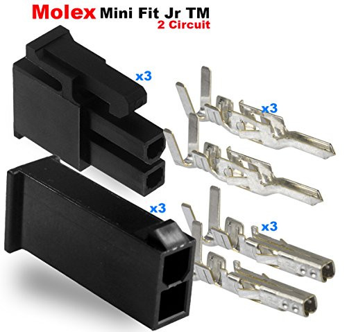 Molex 2 Pin Black Connector Pitch 4.20mm.0165" w/18-24 AWG Pin Mini-Fit Jr (3 Completed Set)