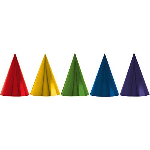 Fun Rainbow Birthday Party Foil Cone Hats, Pack of 24, Multi , 7" Foil