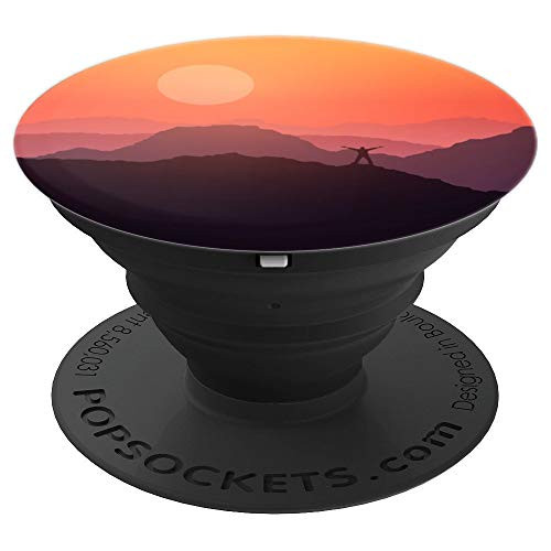 Orange Sunset Black Mountain Man Silhouette Mountaineer - PopSockets Grip and Stand for Phones and Tablets