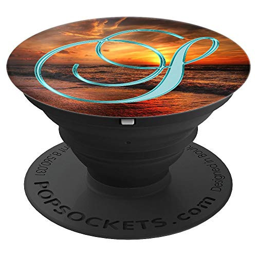 S Teal Beach Ocean Sand Waves Sunset Monogram Initial Letter - PopSockets Grip and Stand for Phones and Tablets