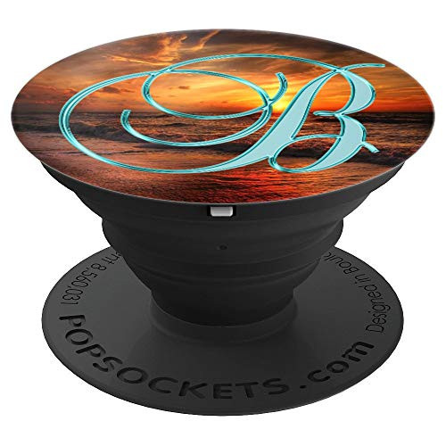 B Teal Beach Ocean Sand Waves Sunset Monogram Initial Letter - PopSockets Grip and Stand for Phones and Tablets