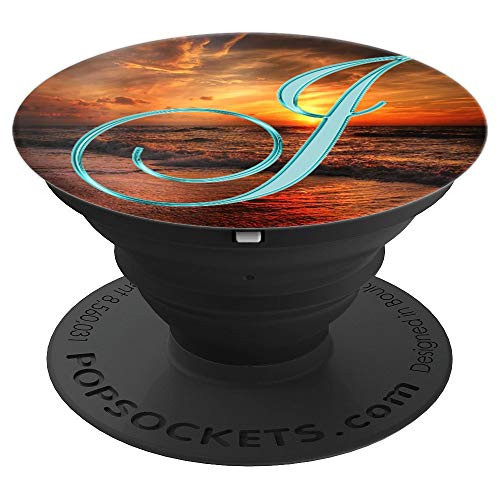 J Teal Beach Ocean Sand Waves Sunset Monogram Initial Letter - PopSockets Grip and Stand for Phones and Tablets