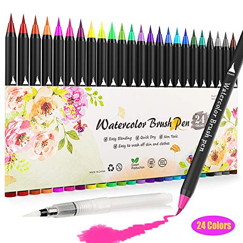 Watercolor Pens Set of 24 Colors, Jr.White Watercolor Markers Paint Brush Pens for Painting,Drawing,Lettering,Calligraphy, Real Brush Pens for Artists, Adults, Kids and Beginner Painters Watercolor Pens Set of 24 Colors, Jr.White Watercolor Markers Paint Brush Pens for Painting,Drawing,Lettering,Calligraphy, Real Brush Pens for Artists, Adults, Kids and Beginner Painters