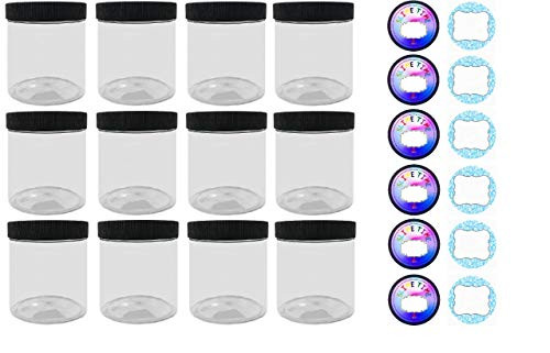 Slime Storage Container Jars with Lids  12 Pack  4 oz. Clear Slime Craft Jars with Lids and 2 Sets of Labels. Empty Leak Proof Slime and Craft Storage Jars, BPA Free