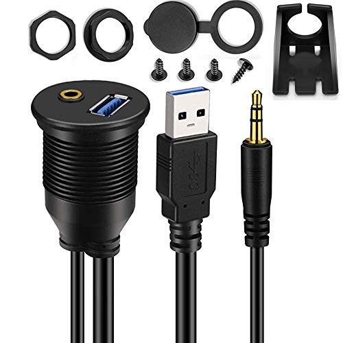 SINCODA USB Mount Cable 1M 3 Feet USB 3.0 and 3.5mm Aux Extention Mount, Flush, Dash, Panel Mount Cable for Car, Boat, Motorcycle