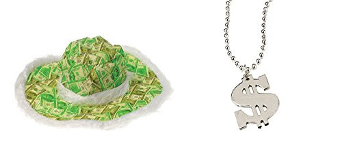 U.S. Toy Casino Big Money Print Hat Metallic Dollar Sign Pendant 2 Piece Bundle Set